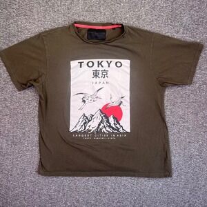 Soul Star Tokyo Japan Graphic T-Shirt Mens Large Olive Green Cranes Mountains